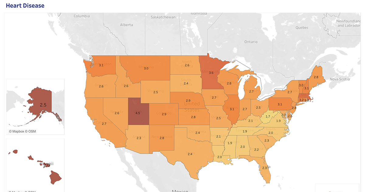 Image of map displaying rate of heart disease among veterans by state