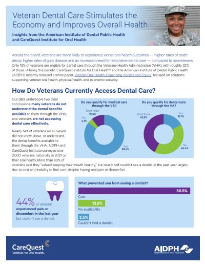 Infographic About Veteran Dental Care Access and Barriers, Featuring Two Donut Charts and a Bar Graph About Impact on Health and Economy.