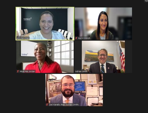 Five-person Video Call; Ami Sanchez is the Active Speaker (highlighted) with Kerri Dittrich, Myesha Jordan, Adrian Smith, and Joel Keralis in Other Tiles.