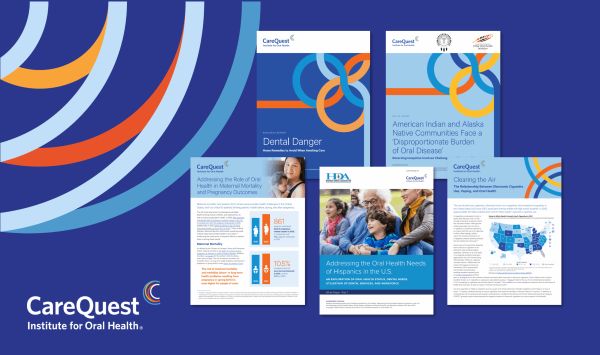 Collage of Carequest Oral Health Brochures on a Blue Background with Circular Graphic Design.