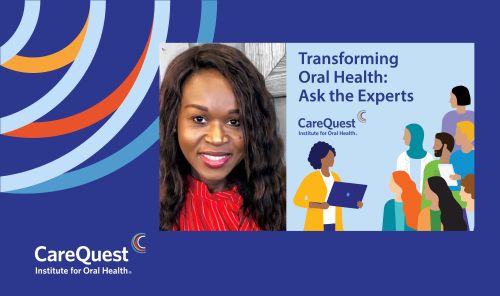 Banner for Carequest Institute: Portrait of a Smiling Woman Beside an Illustrated Diverse Audience, with the Text 'transforming Oral Health: Ask the Experts'.