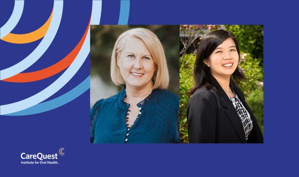 Carequest Institute Logo on a Blue Background with Two Smiling Women in Portrait Photos Side by Side.