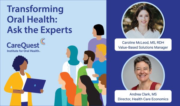 Banner for 'transforming Oral Health: Ask the Experts' with a Diverse Illustrated Group and Two Expert Headshots on the Right with Captions.