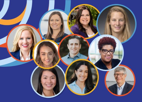 Collage of Diverse Professionals in Circular Frames on a Blue Background, Suggesting a Team or Group Portrait.