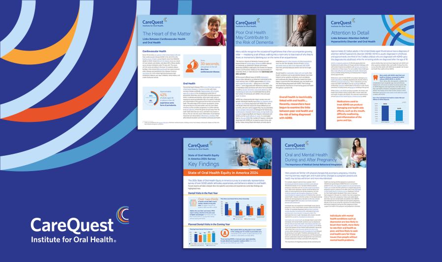 Collage of Five Carequest Institute for Oral Health Informational Pamphlets on a Blue Background, with Photos, Charts, and Text Blocks.