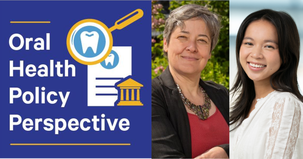 Graphic Labeled 'oral Health Policy Perspective' with a Magnifying Glass over a Tooth and Documents, Next to Two Portrait Photos.