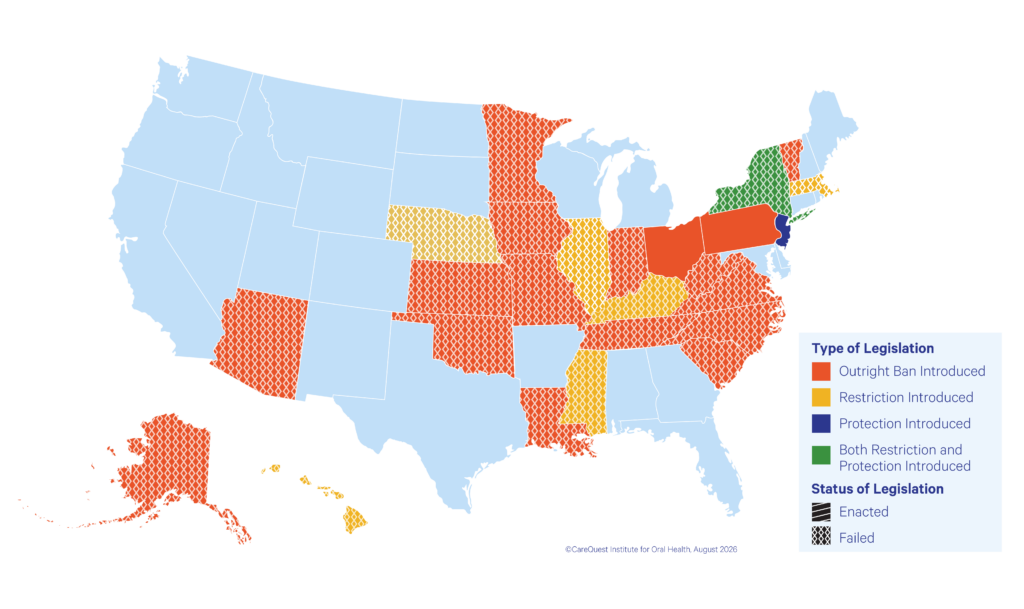 Color-coded U.s. Map Showing State-by-state Legislation Status (orange for Outright Ban, Yellow for Restriction, Blue for Protection, Green for Both). Legend Explains Colors and Statuses.