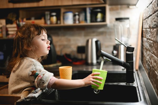 Young Girl Leaning over a Kitchen Sink, Holding a Green Cup Under Running Water from the Faucet.