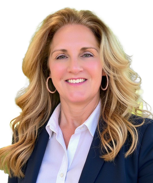 Professional Headshot: Smiling Woman with Long Blonde Hair, White Shirt, Dark Blazer, Outdoors in Natural Light.