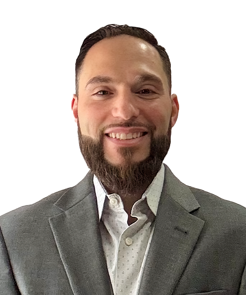 Professional Headshot of a Bearded Man in a Gray Suit Jacket and Light Shirt, Smiling at the Camera. (informative Portrait)