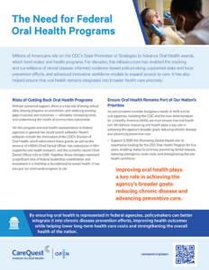 Infographic Titled “the Need for Federal Oral Health Programs” Showing a Dentist with a Patient on the Right, and Two Columns of Text Outlining Risks, Policy Goals, and the Importance of Federal Funding, Plus a Blue Banner and Carequest/open Logos.
