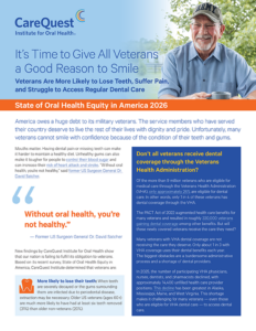 Veteran Man in a Blue Shirt Smiling Outdoors Beside a Carequest Institute Poster About Giving Veterans a Reason to Smile.