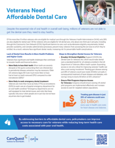 Poster Titled 'veterans Need Affordable Dental Care' with Two-column Content: Left Column Lists Veteran Dental Care Challenges, Right Column Steps to Improve Access, Plus a  Billion Savings Graphic, Blue Banner, Logos, and a Qr Code in the Bottom Area; a Photo of a Man in Uniform Holding a Child Appears at the Top-right.