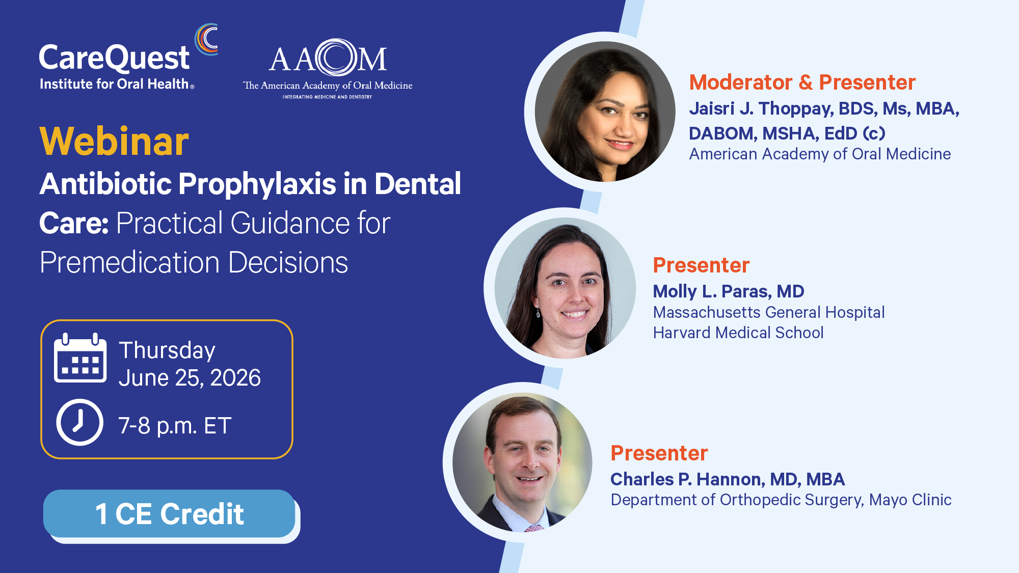 Banner for a Webinar on Antibiotic Prophylaxis in Dental Care, with Presenters and Logos (carequest, Aaom) on a Blue Background.
