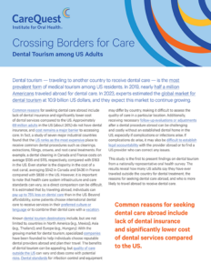 Carequest Institute Banner: 'crossing Borders for Care – Dental Tourism Among Us Adults' with Introductory Text on Dental Tourism and a Highlighted Box Noting Reasons Like Lack of Dental Insurance and Lower Costs.