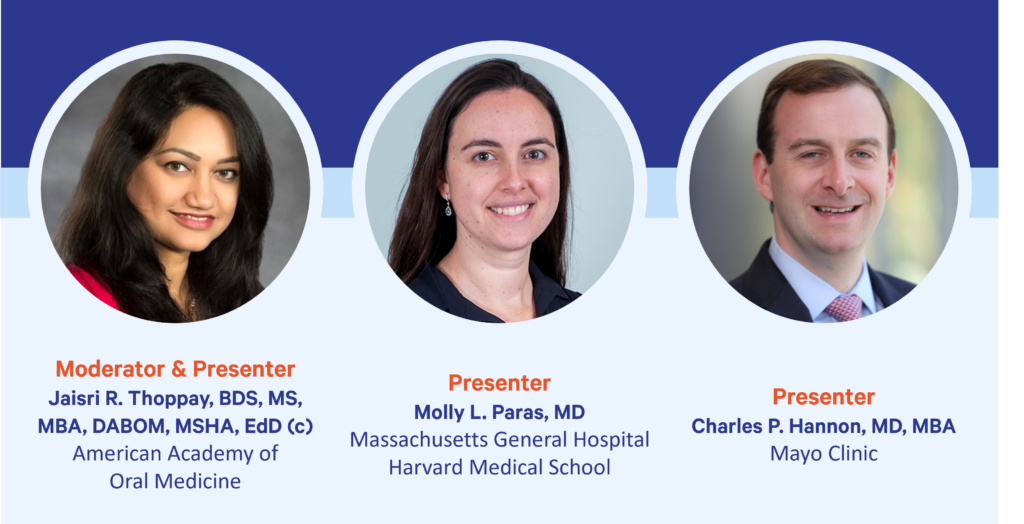 Antibiotic Prophylaixs in Dental Care Webinar Expert Graphic_2 – CareQuest Institute Three Circular Headshots of Conference Speakers Under a Dark Blue Banner; Left is the Moderator, Center and Right Are Presenters.