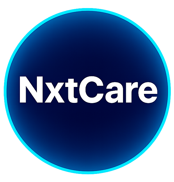 Nxtcare Logo: Circular Blue Gradient with Cyan Rim and White 'nxtcare' Text.