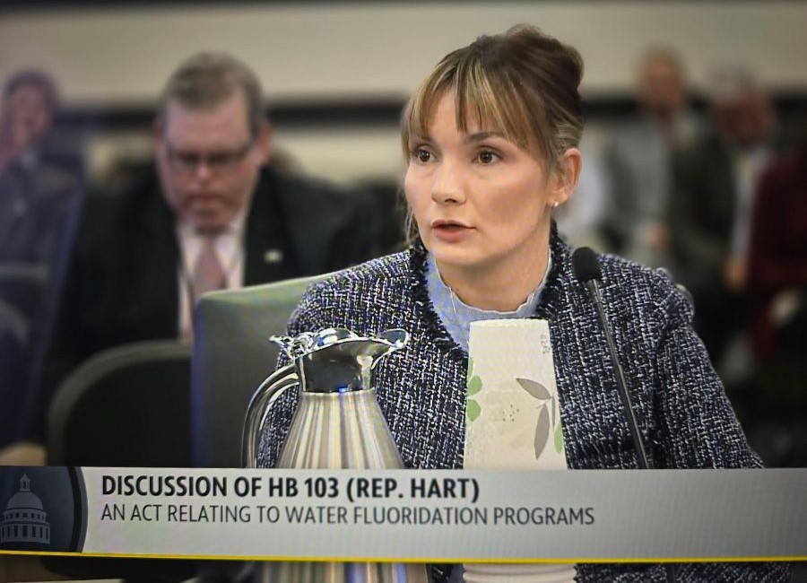 Brittany Testimony – CareQuest Institute Woman Testifying at a Committee Hearing, Wearing a Tweed Jacket, with a Microphone and Documents in Front; Banner Reads 'discussion of Hb 103 (rep. Hart)'.