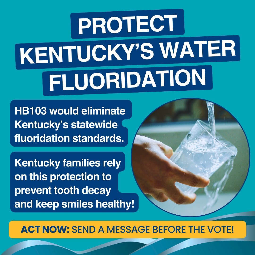 Bold Teal Advocacy Poster Urging to Protect Kentucky's Water Fluoridation, Featuring Large White Text and a Circular Photo of a Hand Under Running Water.