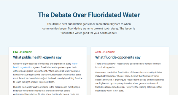Infographic Titled 'the Debate over Fluoridated Water' with Side-by-side Panels Showing Pro and Anti Fluoride Positions and Brief Summaries.