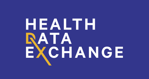 Health Data Exchange Logo: White Uppercase Text on Blue Background with Yellow Diagonal Lines Crossing the Letters D and X.