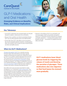 Infographic Header from Carequest Institute About Glp-1 Medications and Oral Health, Showing a Clinician with a Patient and Outlining Benefits, Risks, and Clinical Implications.