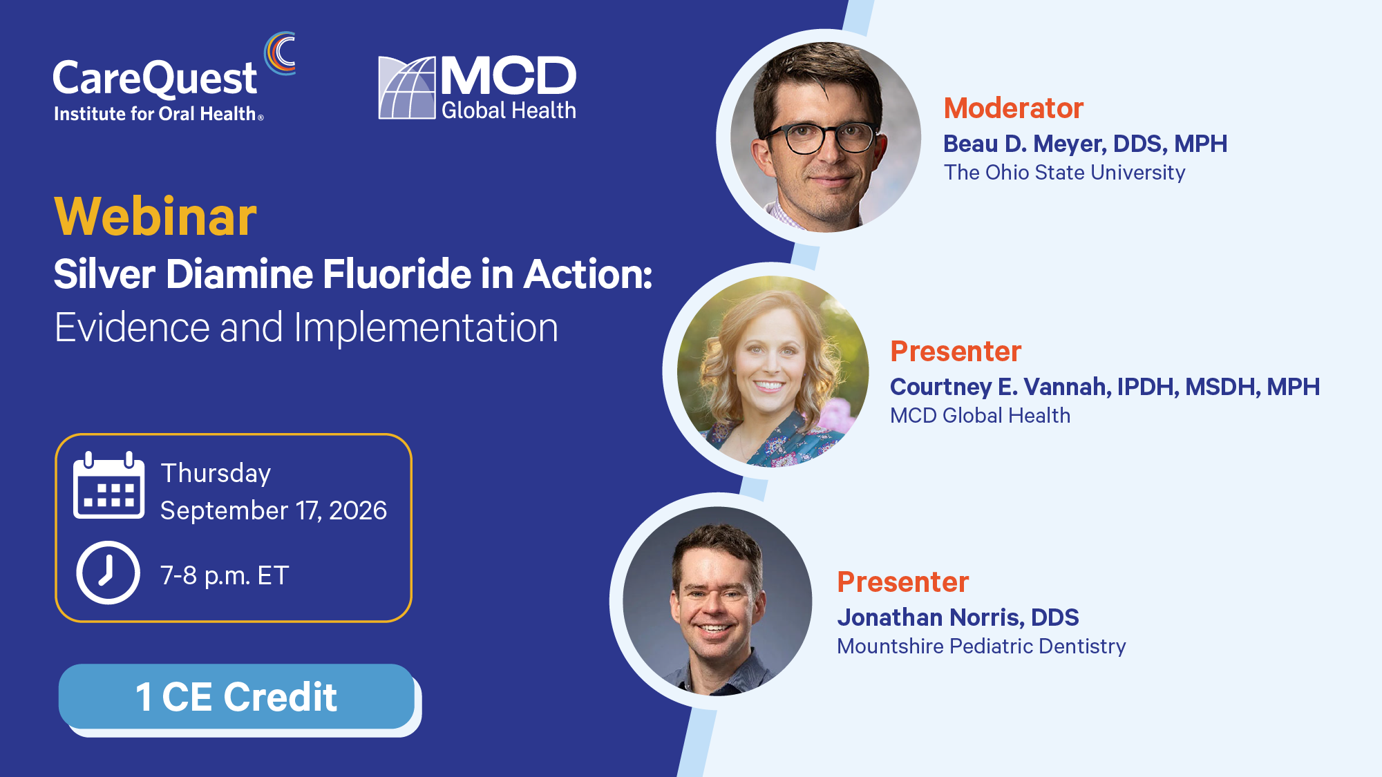 Carequest Webinar Banner: Topic Silver Diamine Fluoride, Sept 17, 2026, 7–8 P.m. Et; 1 Ce Credit; Register Now Button Visible.