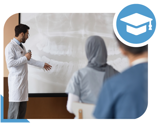 Dentist Professor Explains a Dental X-ray on a Screen to Two Students in a Classroom.