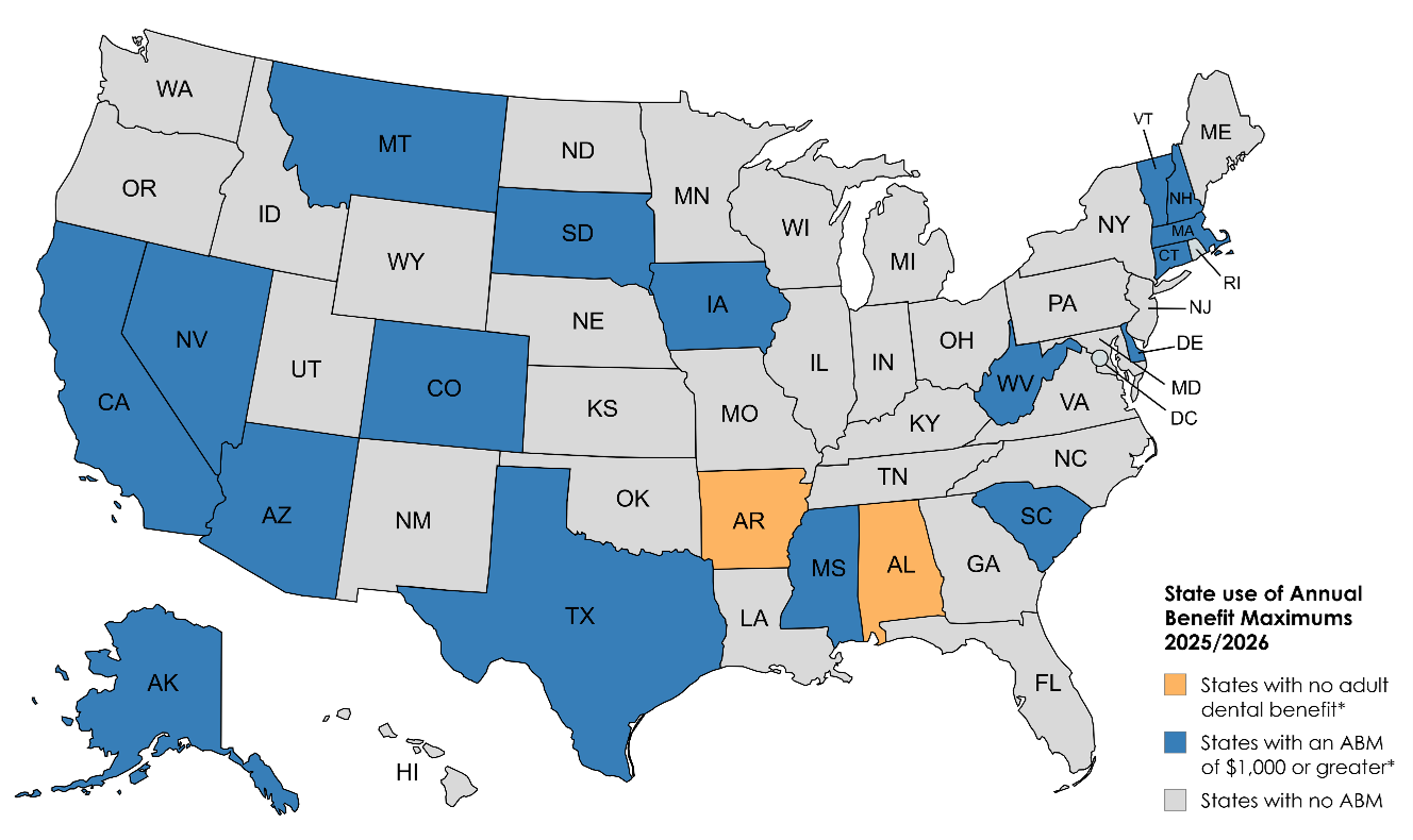 U.s. Map Showing State Use of Annual Benefit Maximums 2025/2026: Blue = Abm  alt=