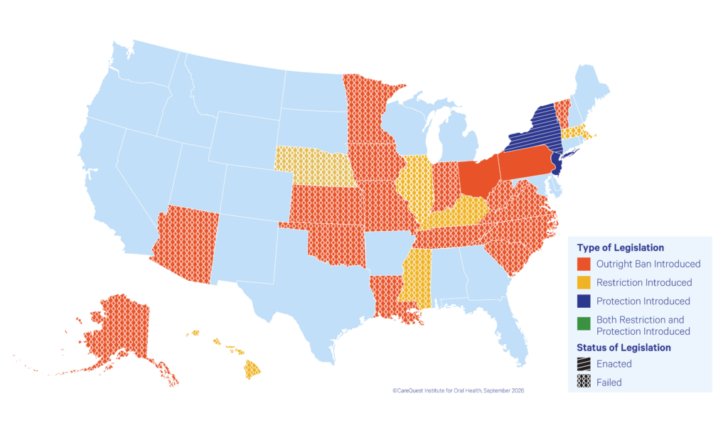Us Map Showing States Colored by Abortion Legislation Type: Orange for Outright Ban Introduced, Yellow for Restriction Introduced, Blue for Protection Introduced, Green for Both Introduced (crosshatch Texture in Orange).