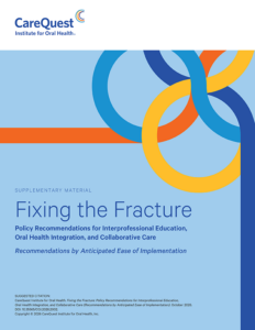 Cover Page of a Carequest Institute Report Titled 'fixing the Fracture' with a Logo and Colorful Interlocking Rings on a Blue Background.