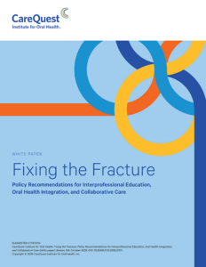 Cover of a White Paper: Carequest Institute Logo, Blue Background with Interlocking Colorful Rings, Title 'fixing the Fracture' and Subtitle About Policy Recommendations.