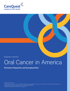 Carequest Institute Logo; Cover of 'oral Cancer in America: Persistent Disparities and Emerging Risks' Report with a Blue Background and Colorful Interlocking Rings.
